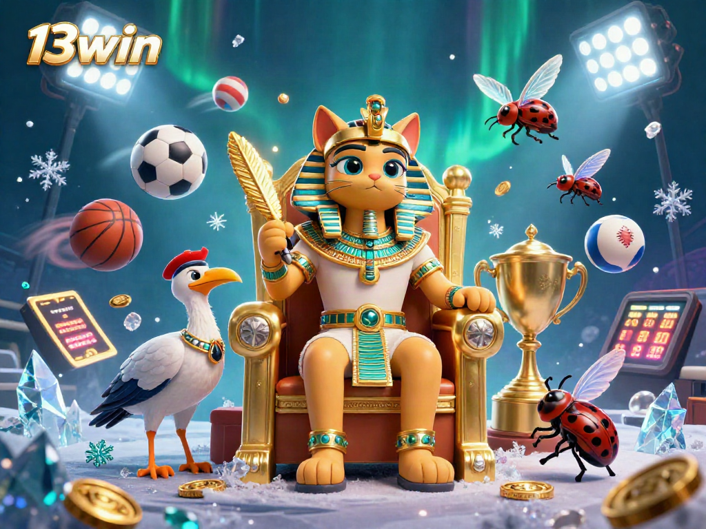 Bet on 13win with a vibrant scene of an Egyptian pharaoh cat and sports elements, capturing excitement.