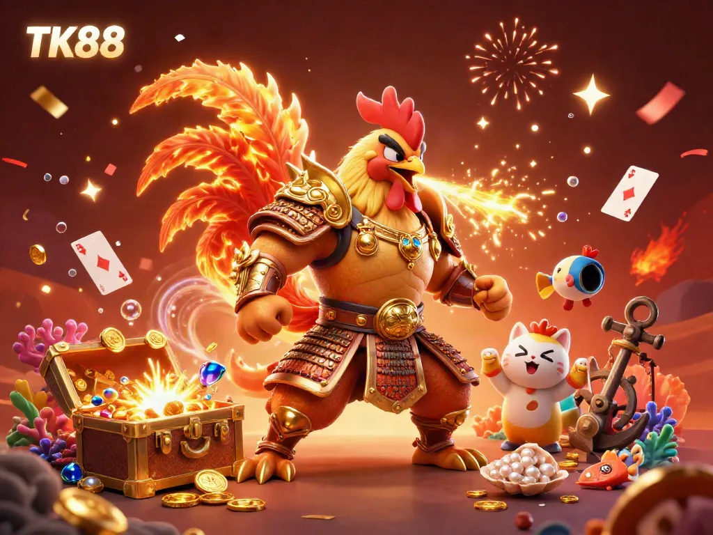 Engage with TK88's exciting gaming world featuring vibrant cartoon characters and dynamic treasure elements.