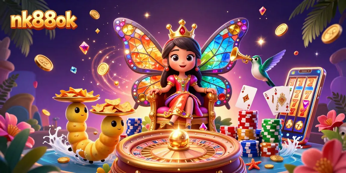 Experience the allure of online gaming with nk88ok as vibrant gems and golden coins animate the scene.