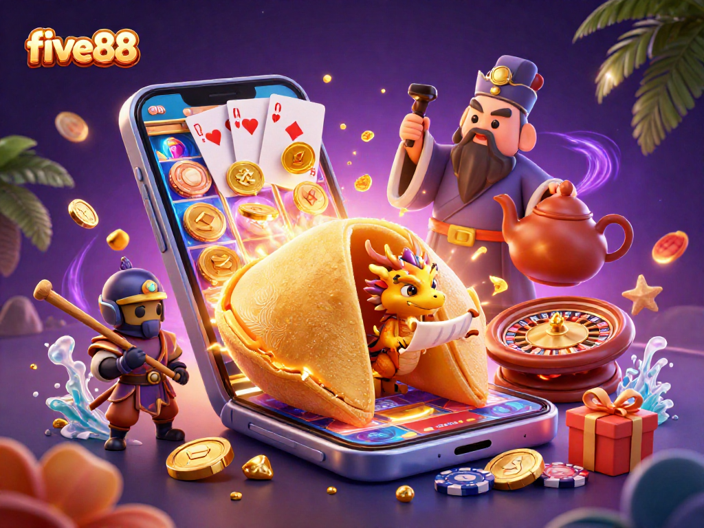 Engage in five88's thrilling slots scene with a golden fortune cookie and characters, vibrant casino elements abound.
