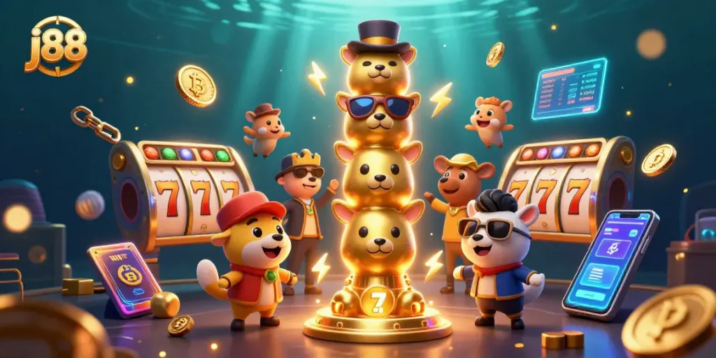 Engage with j88 gaming through dynamic slot reels and vivid cryptocurrency elements in a captivating scene.