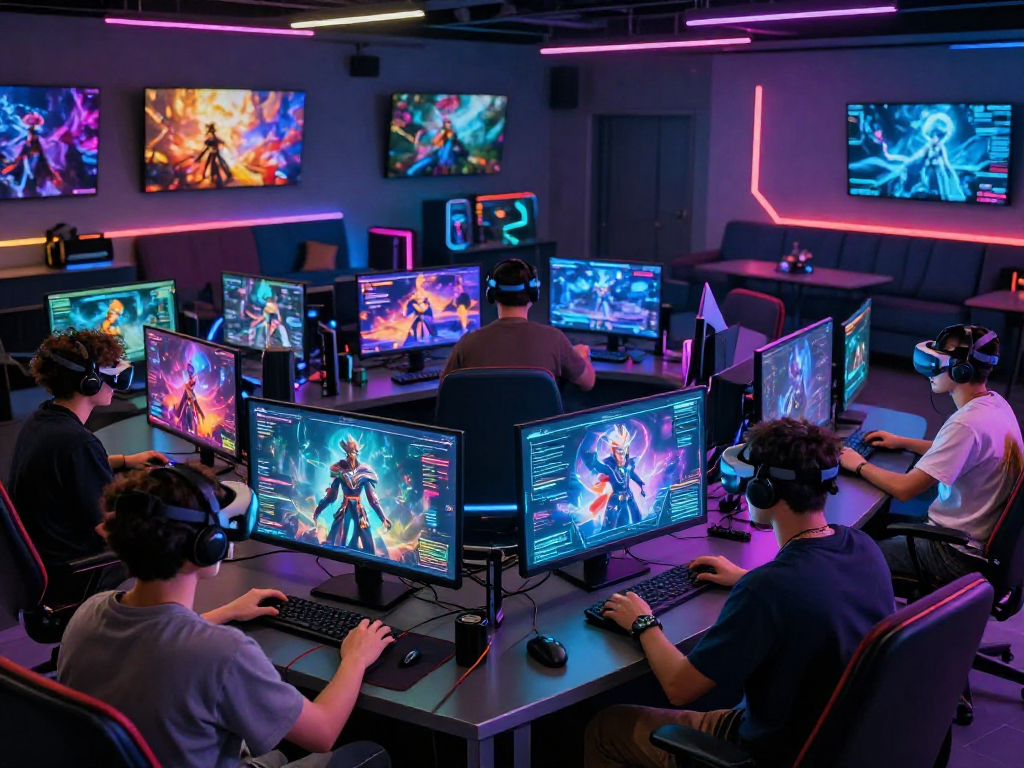 Gamers engaging in AI roleplay character creation at an advanced gaming lounge.