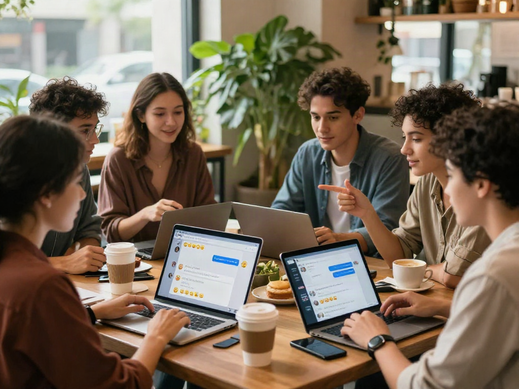 Group discussing spicy chat ai in a cozy café with tech devices.