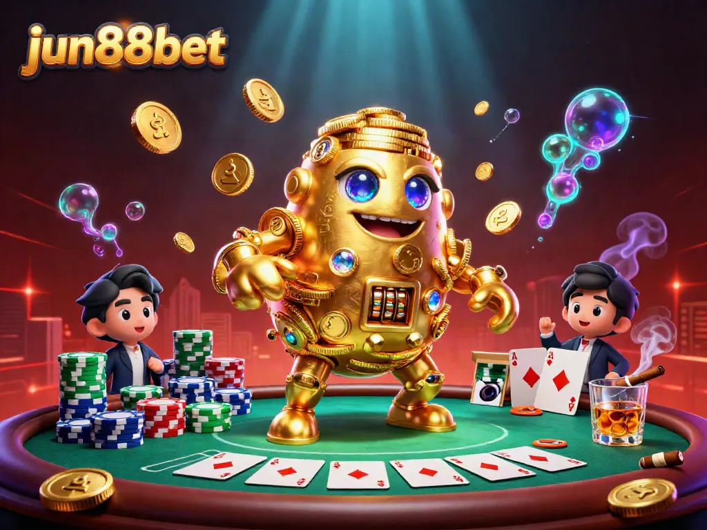 Engage in the thrilling world of jun88bet with a vibrant casino scene featuring a golden golem and poker elements.