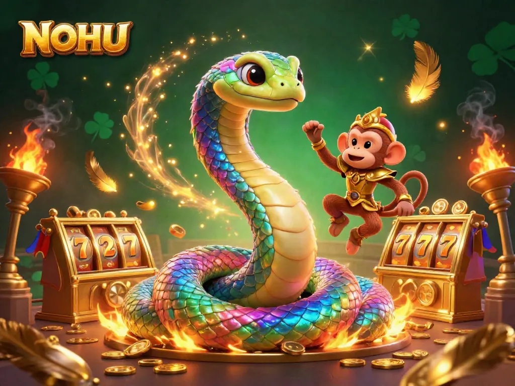 Engage with NOHU's vibrant gaming scene featuring colorful elements and lively characters in a fantastical casino.