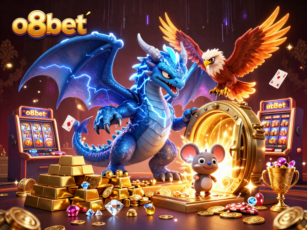Play thrilling slots at o8bet amidst a vibrant 3D casino adventure featuring colorful characters and treasures.