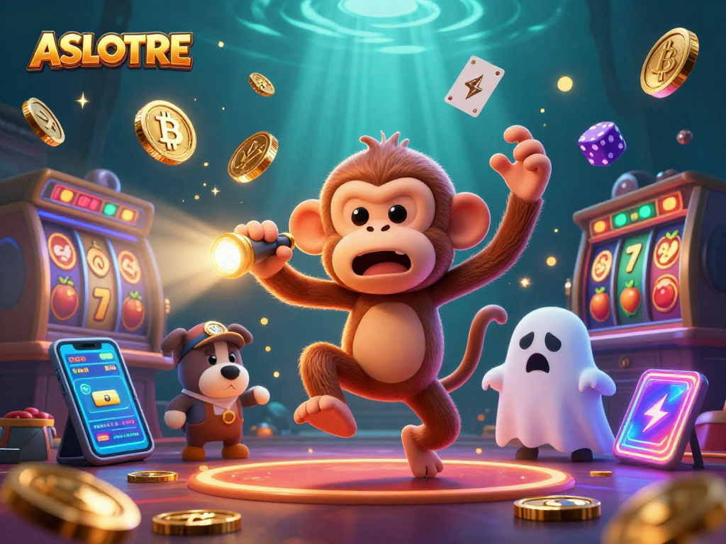 Unveil the ASLOTRE magic with a mischievous monkey juggling crypto coins in an enchanting casino scene.
