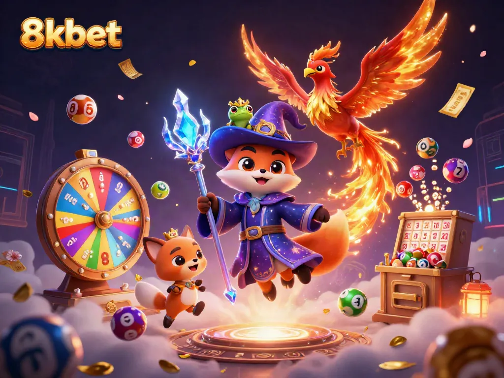 Experience the excitement of 8xbet with a vibrant gambling scene filled with lottery elements and magical characters.
