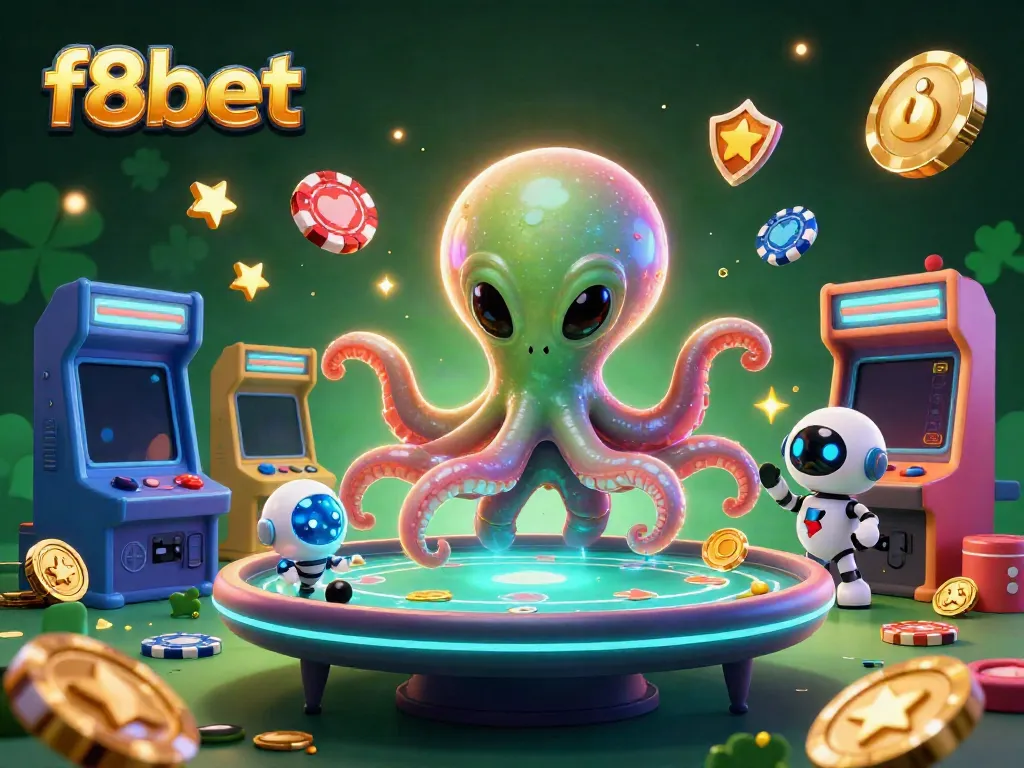 Experience thrilling poker action with f8bet's alien octopus dealer at a vibrant cosmic gaming table.