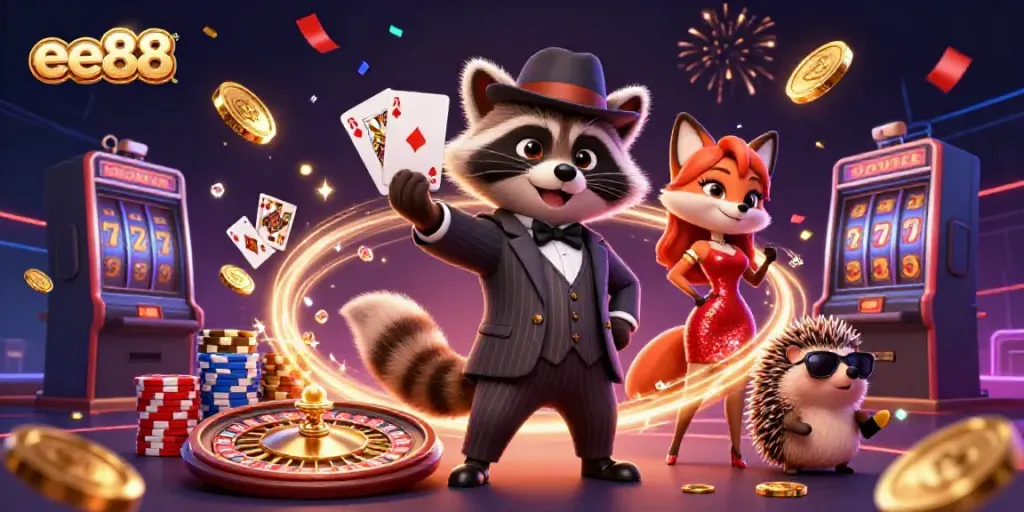 Experience thrilling gaming action at ee88, featuring a charming raccoon and friends amid sparkling casino atmosphere.