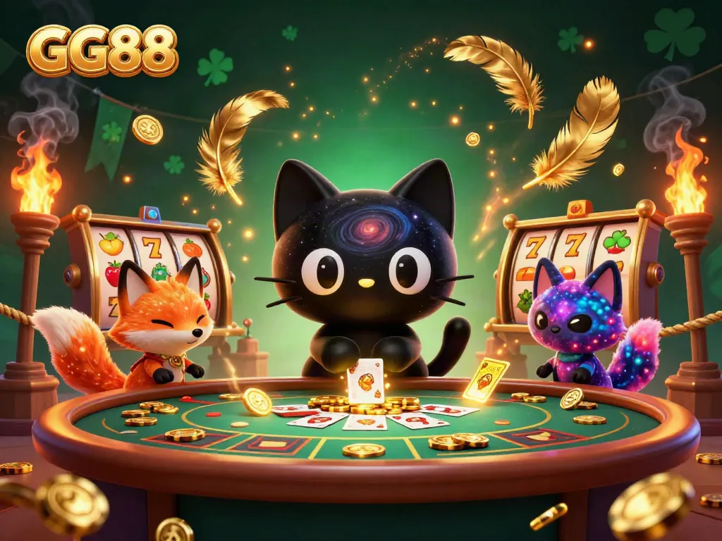 Experience the thrilling atmosphere of GG88 with a cosmic casino scene featuring a black hole cat and nebula fox.