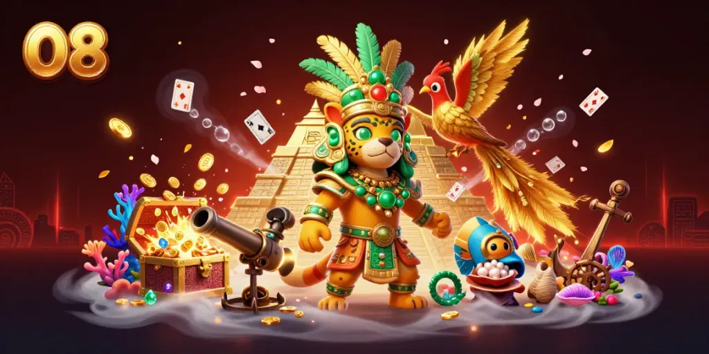 Engage with O8's immersive 3D Mayan-themed casino scene, showcasing dynamic gaming elements.