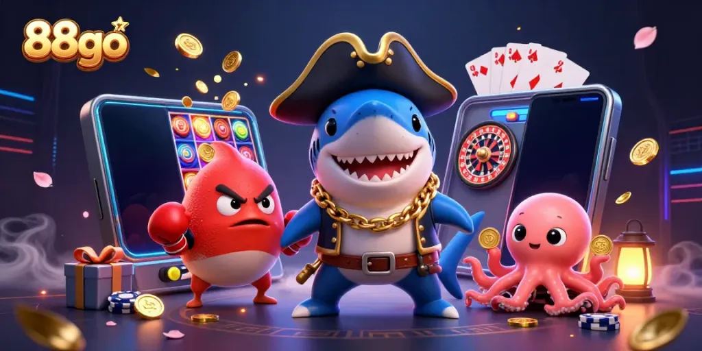 Engaging 88go casino scene with cartoon shark, pufferfish, and octopus amid dynamic gaming elements.