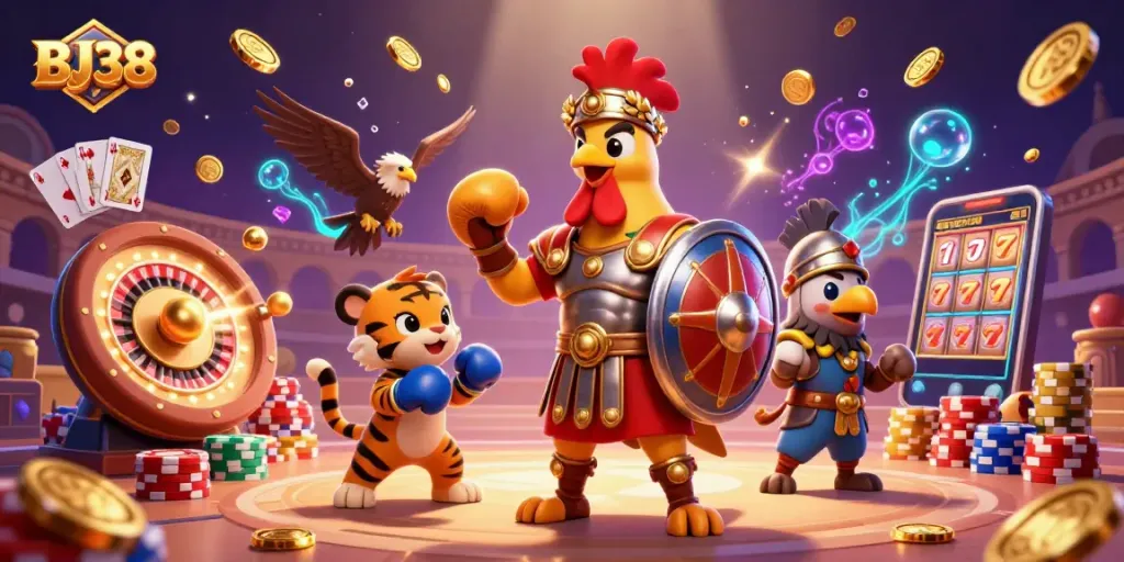 BJ38 showcases an exciting casino scene with a gladiator rooster, spinning roulette, and vibrant poker chips.