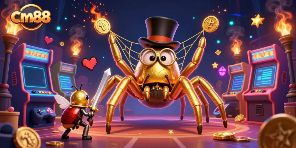 Engage with cm88's gaming excitement as a golden tarantula weaves a casino web.
