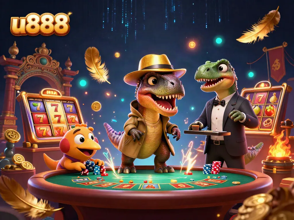 u888 showcases a thrilling scene with a velociraptor playing blackjack, rich with casino elements.