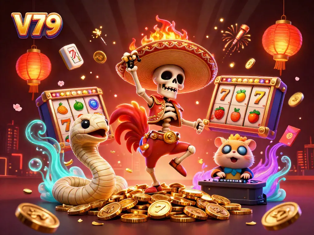 V79 showcases a vibrant 3D scene of casino excitement with a colorful mix of characters and slot elements.