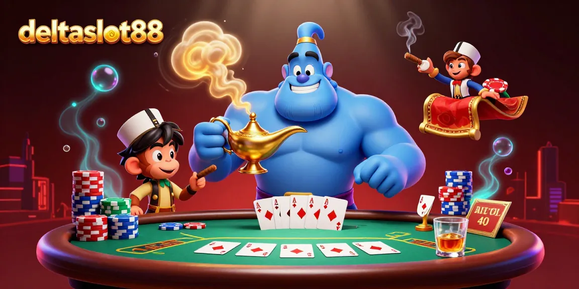 deltaslot88 captures an exhilarating casino scene with a dynamic genie, monkey, and poker elements.